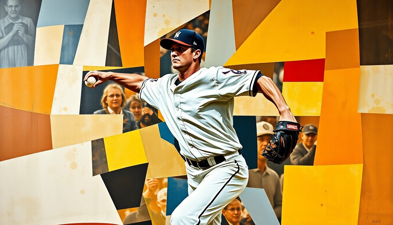 A cubist, geometric painting depicting a baseball pitcher's motion broken down into sharp, overlapping planes of color, conceptually representing the uncertainty surrounding Jacob deGrom's injury and the Rangers' strategy for managing veteran players.