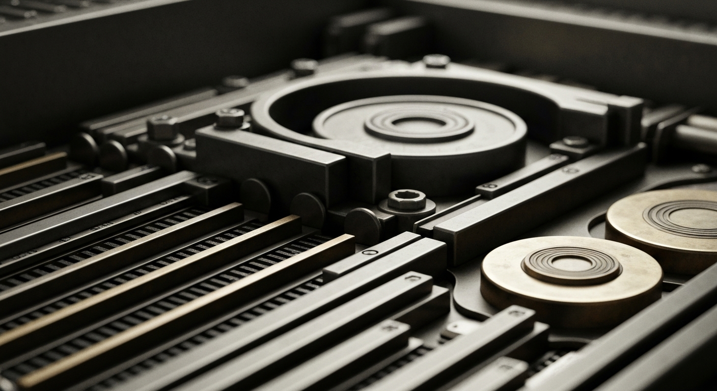 An extreme close-up of complex, interlocking financial machinery and instruments in muted tones of steel, brass, and black, representing the tangible, institutional nature of the challenges facing Neogen.