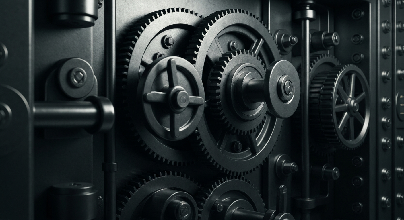 An extreme close-up of the intricate inner workings of a bank vault, with heavy metal gears, locks, and mechanisms filling the frame in a high-contrast, cinematic style that conveys the industrial power and security of financial institutions.