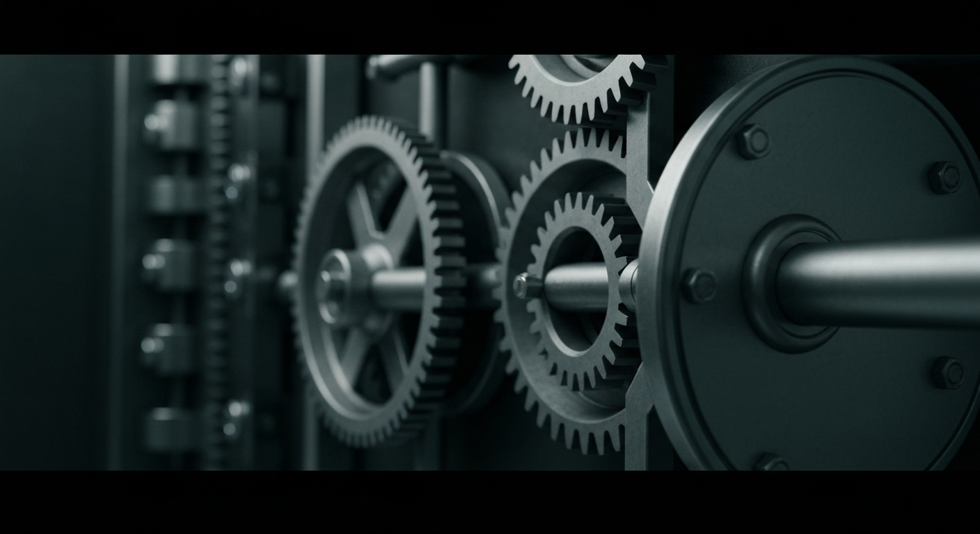 An extreme close-up of the heavy, polished gears and mechanisms of a banking vault, representing the secure, physical infrastructure that supports Intuit's financial software products.