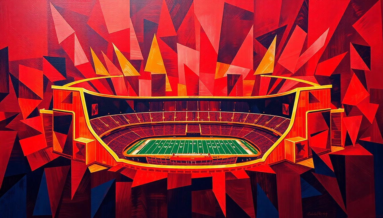 A vibrant, abstract painting featuring the iconic silhouette of Arrowhead Stadium in Kansas City, rendered in overlapping geometric shapes and waves of deep red, gold, and navy blue, conveying the emotional tension and energy surrounding the team's relocation plans.