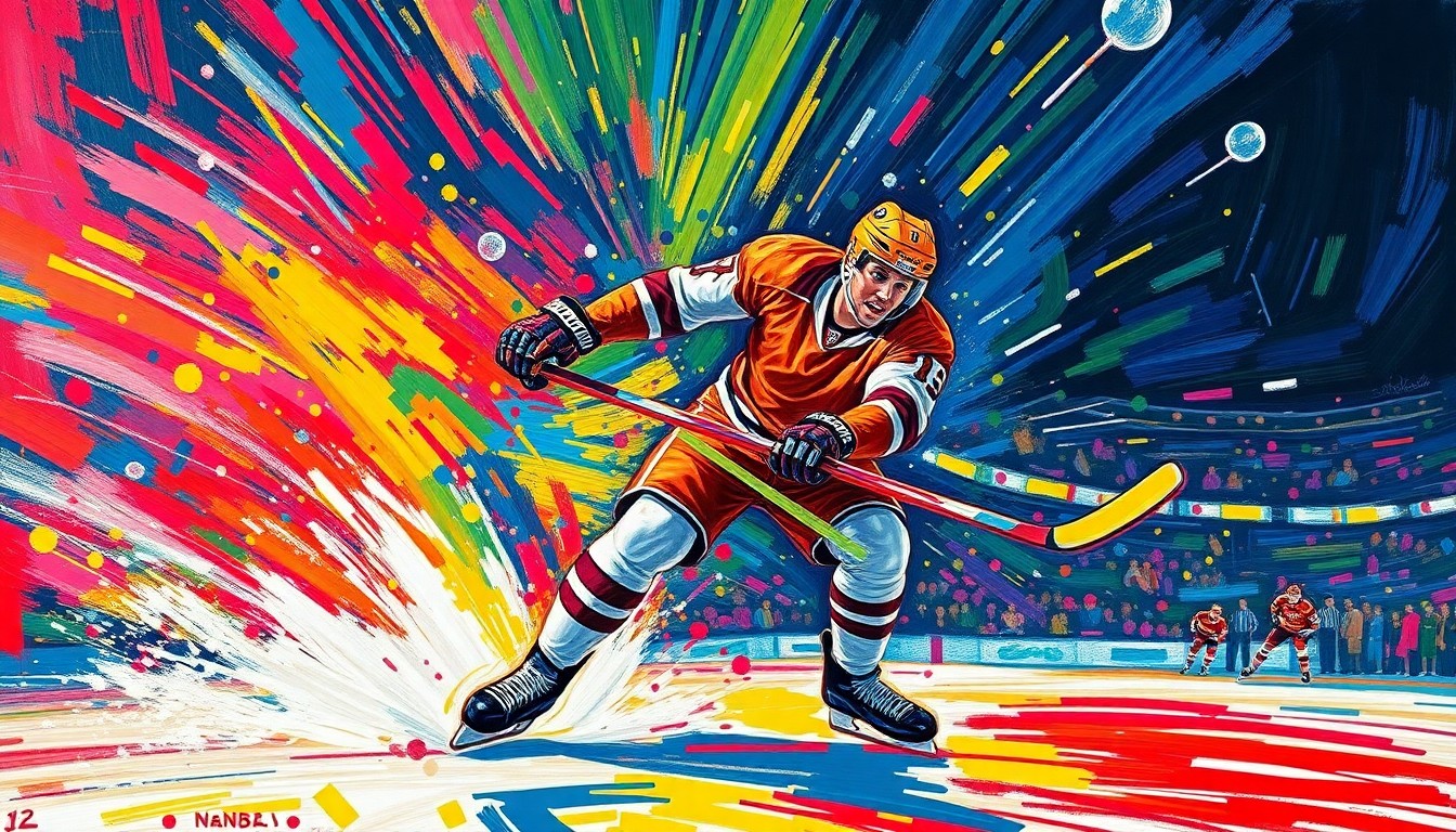 An abstract, energetic painting in neon colors depicting a hockey player in mid-motion, capturing the explosive power and dynamism of the sport.