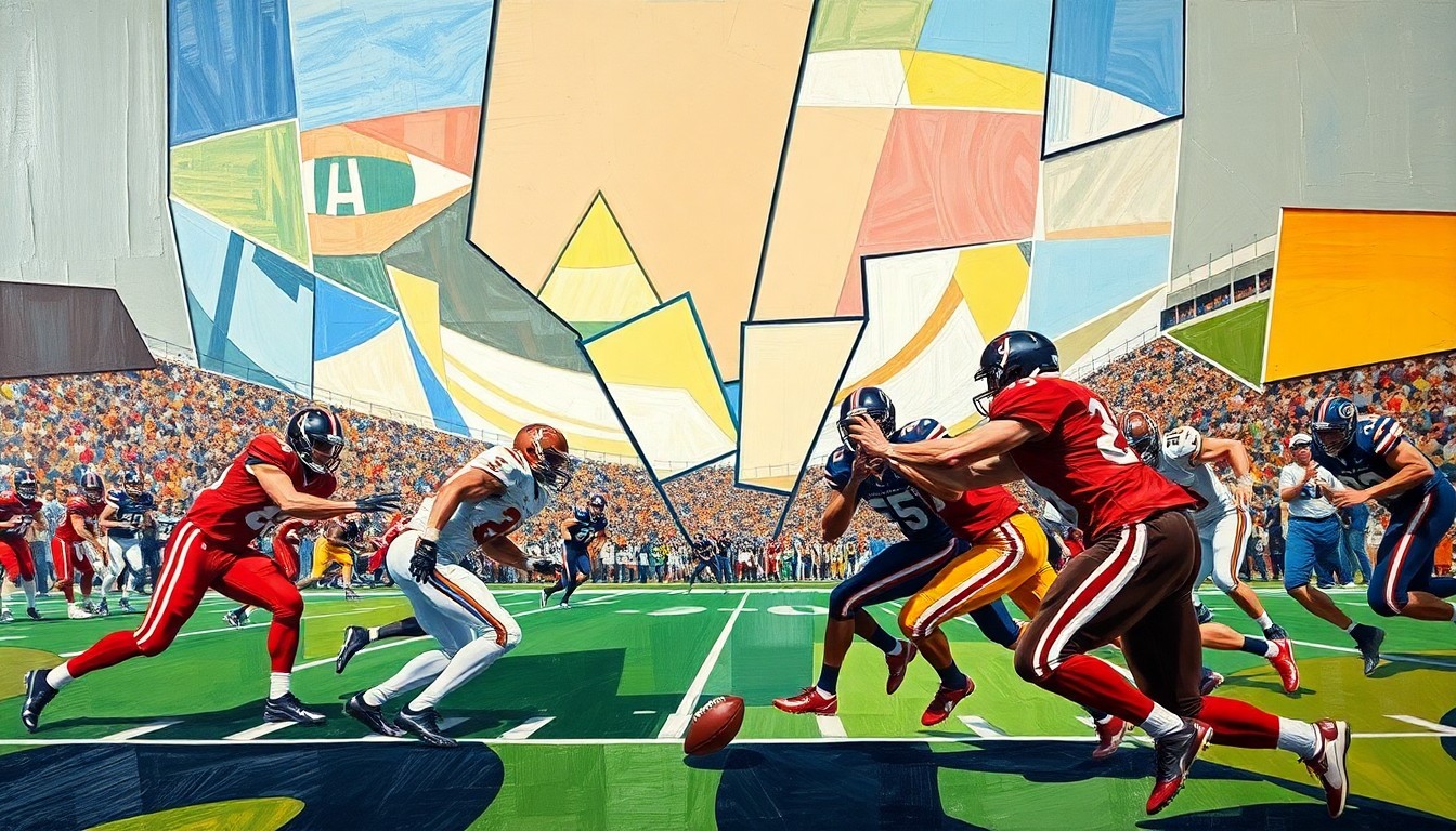 A fractured, multi-perspective painting in a cubist style, breaking down a college football game into sharp, overlapping geometric planes. The players' movements and the energy of the game are represented through the cubist deconstruction, without any identifiable elements.