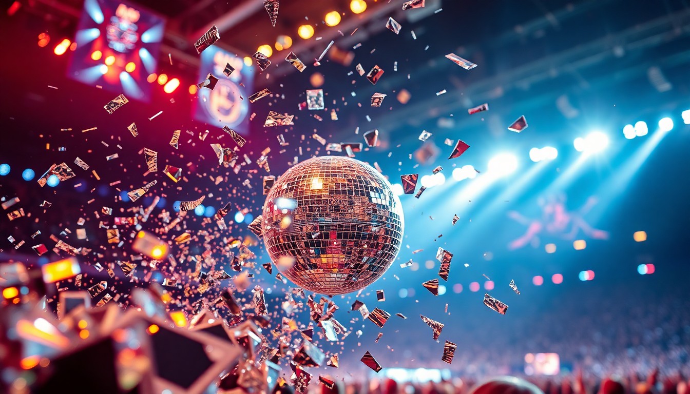 An abstract close-up photograph of shattered glass reflecting bright stage lights, conveying the celebratory mood of a major musical performance at a major sporting event.