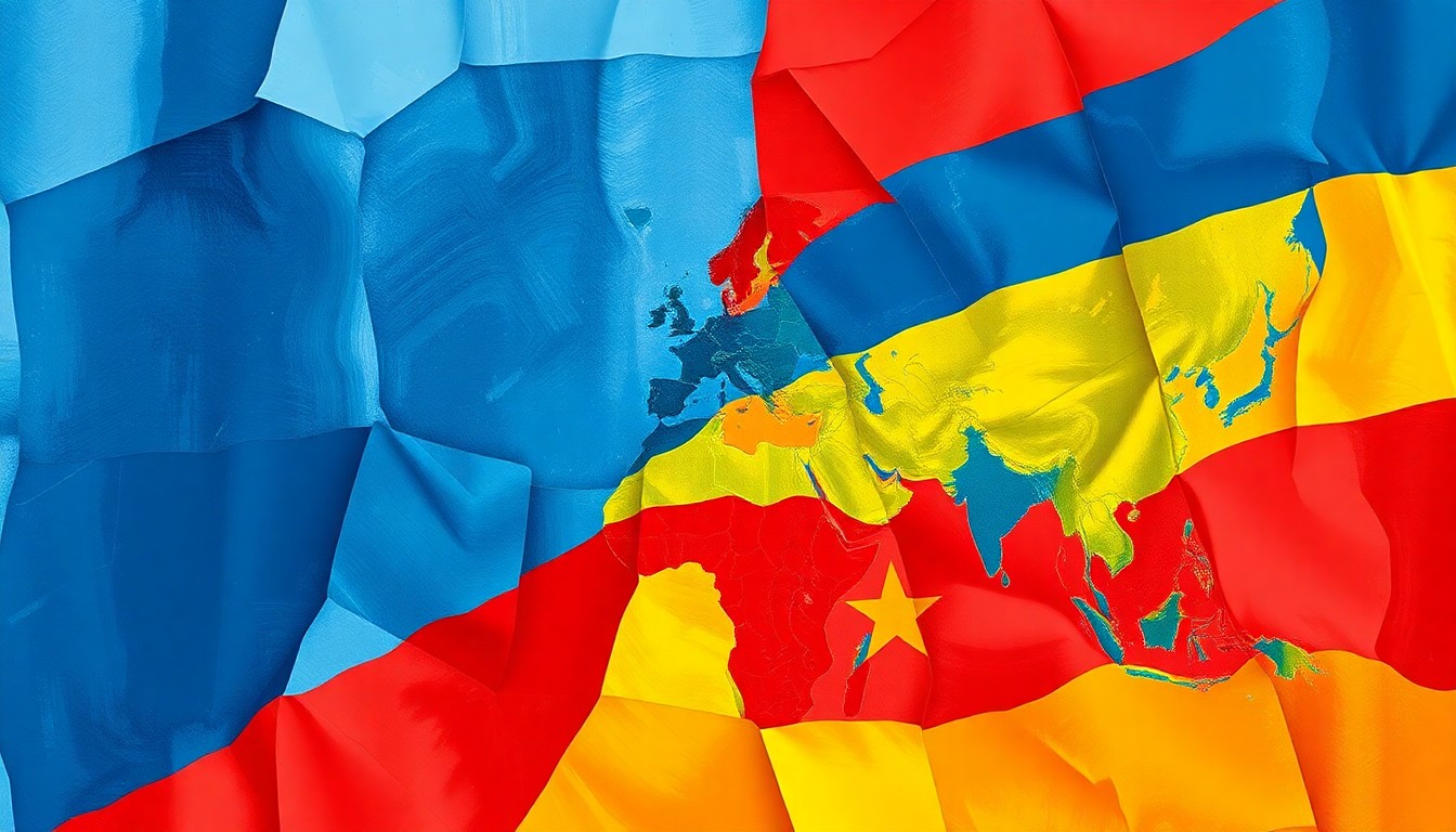 A vibrant, abstract painting featuring overlapping, fractured geometric shapes in shades of blue, red, and yellow, conveying the complex and ever-changing dynamics of the US-China geopolitical landscape.