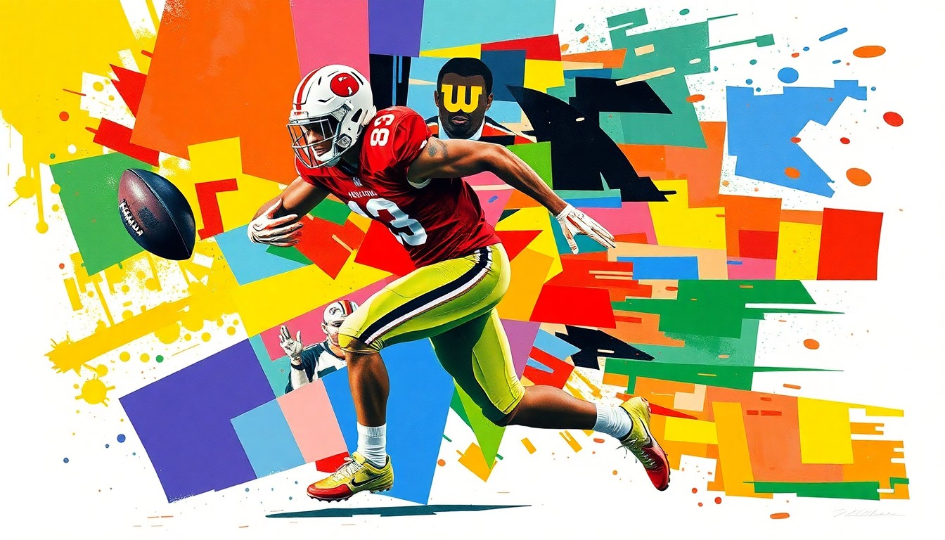 A fractured, geometric painting depicting a college football player in motion, with sharp, overlapping planes of color representing the various factors that shape a recruit's decision.