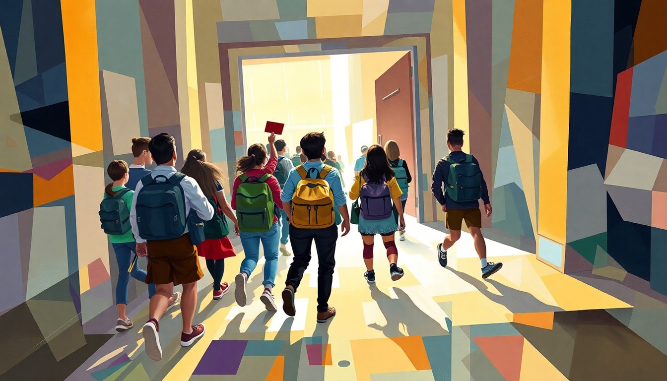 A dynamic, abstract painting featuring overlapping, geometric shapes and waves of color representing the motion and energy of a teacher leading students out of a school building, conveying the controversial nature of the incident without depicting any specific individuals or locations.