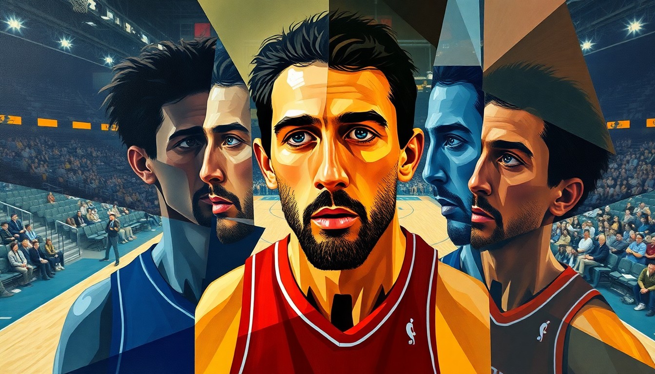 A cubist, geometric painting depicting a college basketball game, with the players and court broken down into overlapping planes of color and abstract shapes, conveying the disruptive forces shaping the sport's roster management.