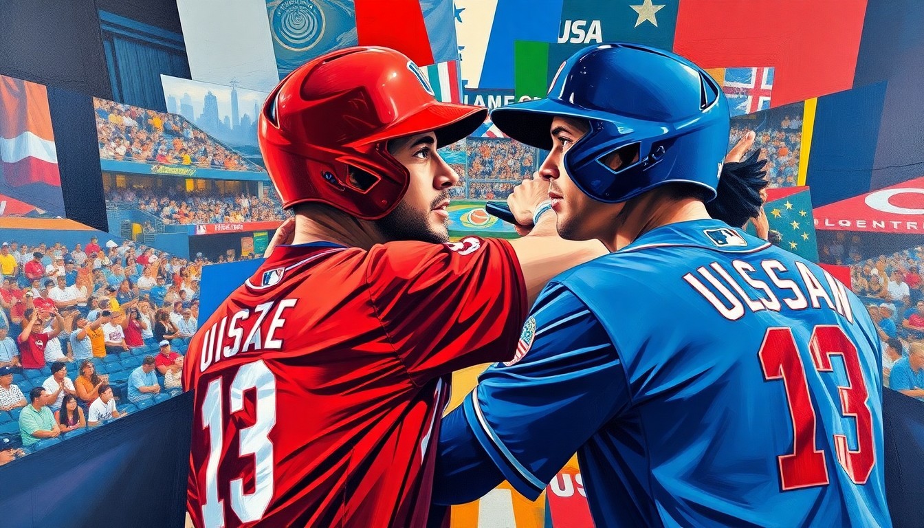 A cubist, geometric painting depicting the final moments of the Venezuela vs. USA World Baseball Classic game, with sharp, overlapping planes of vibrant red, blue, and white colors representing the team uniforms and the intensity of the match.