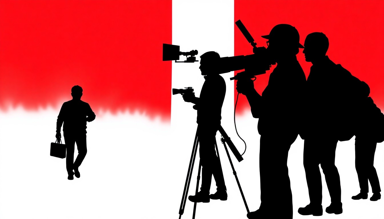 An abstract, minimalist illustration using bold black shapes and high-contrast colors to conceptually represent the art of filmmaking and the vibrant creative community in Washington, DC.