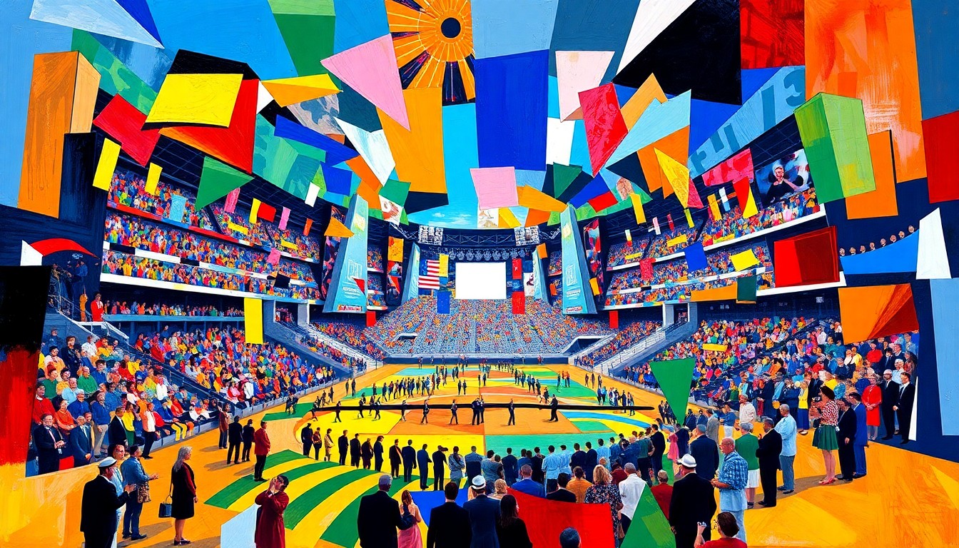 A cubist, geometric painting depicting the groundbreaking ceremony of the Continental Coliseum, the new NBA arena in Oklahoma City. The image is a fractured, multi-perspective representation of the event, capturing the energy and excitement through the use of vibrant team colors and overlapping shapes.
