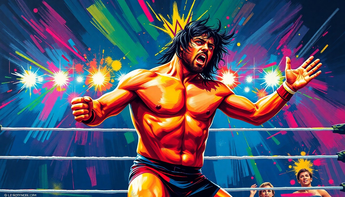 An abstract, expressionist painting in neon colors depicting the dynamic movements and raw energy of a WWE wrestler in action, capturing the excitement and intensity of the event.
