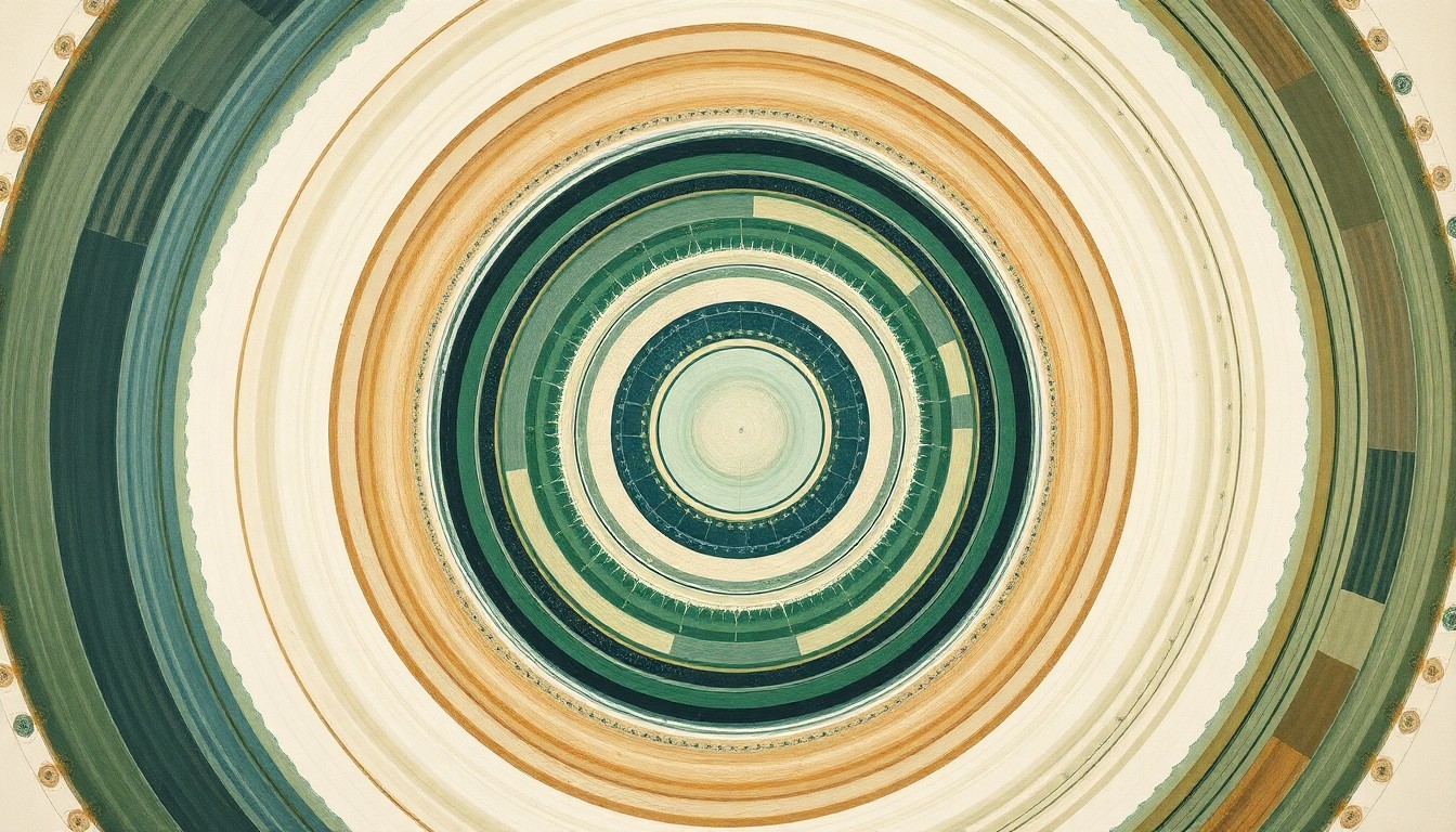 A bold, abstract painting featuring sweeping geometric arcs, concentric circles, and precise botanical spirals in earthy tones of green, blue, and brown, conceptually representing the intricate nanoscale interactions between nanoparticles and water that are crucial for advancing nanomedicine.