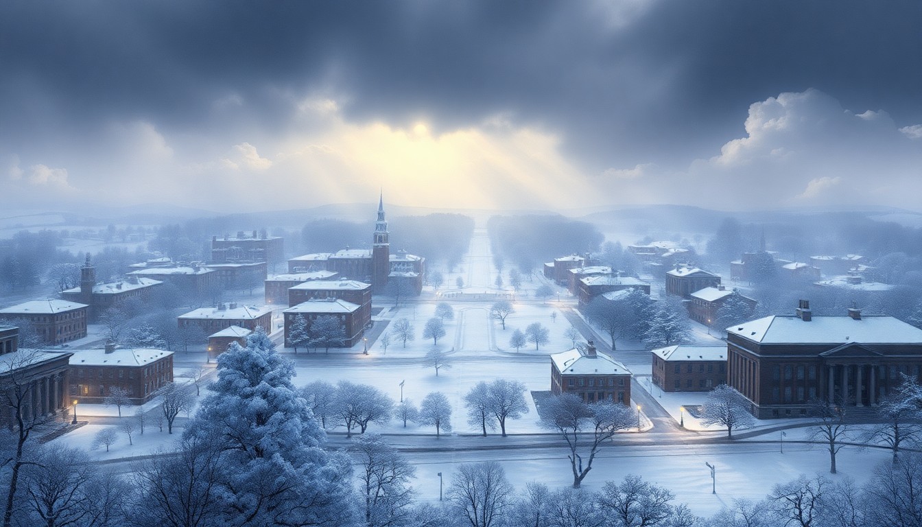 A sweeping, atmospheric landscape painting in muted blues, grays, and whites, depicting a snow-covered Cornell University campus partially obscured by a heavy winter storm, conveying the overwhelming power of nature and the need for emergency preparedness in higher education.