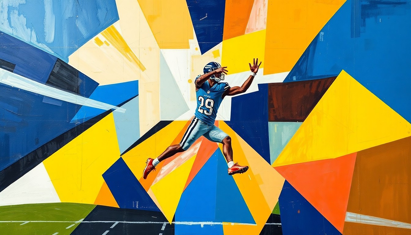 A cubist, geometric painting depicting the explosive motion and energy of Eli Stowers' record-breaking vertical leap, with sharp, overlapping planes of color and form capturing the dynamic athleticism of the moment.