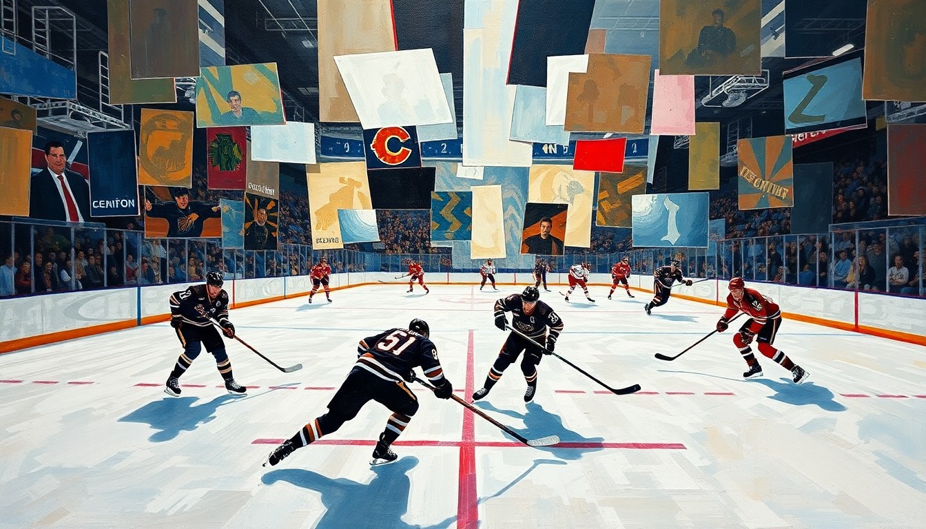 A fragmented, geometric painting depicting the chaotic final moments of a hockey game, with players' bodies and the puck breaking apart into sharp, overlapping planes of color and form.
