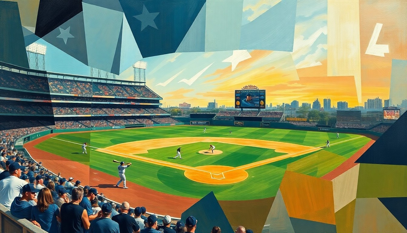 A vibrant, fragmented painting depicting a baseball game or match, with players and the field broken down into sharp, overlapping geometric shapes and planes in a cubist style, conveying the energy and potential of the Bees' 2026 season.