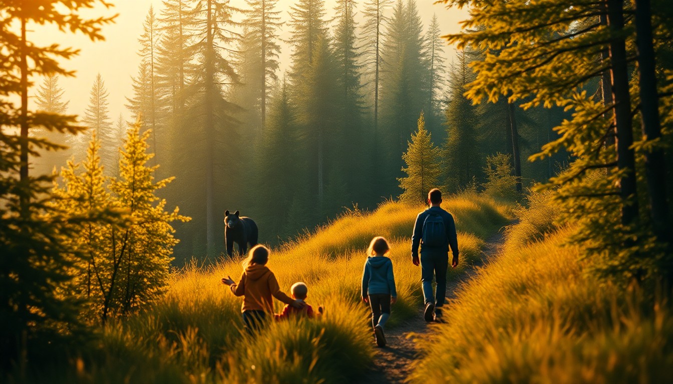 An abstract, impressionistic photograph in soft, hazy tones depicting the silhouette of a black bear in a lush, forested setting, conveying a sense of wonder and connection with nature.