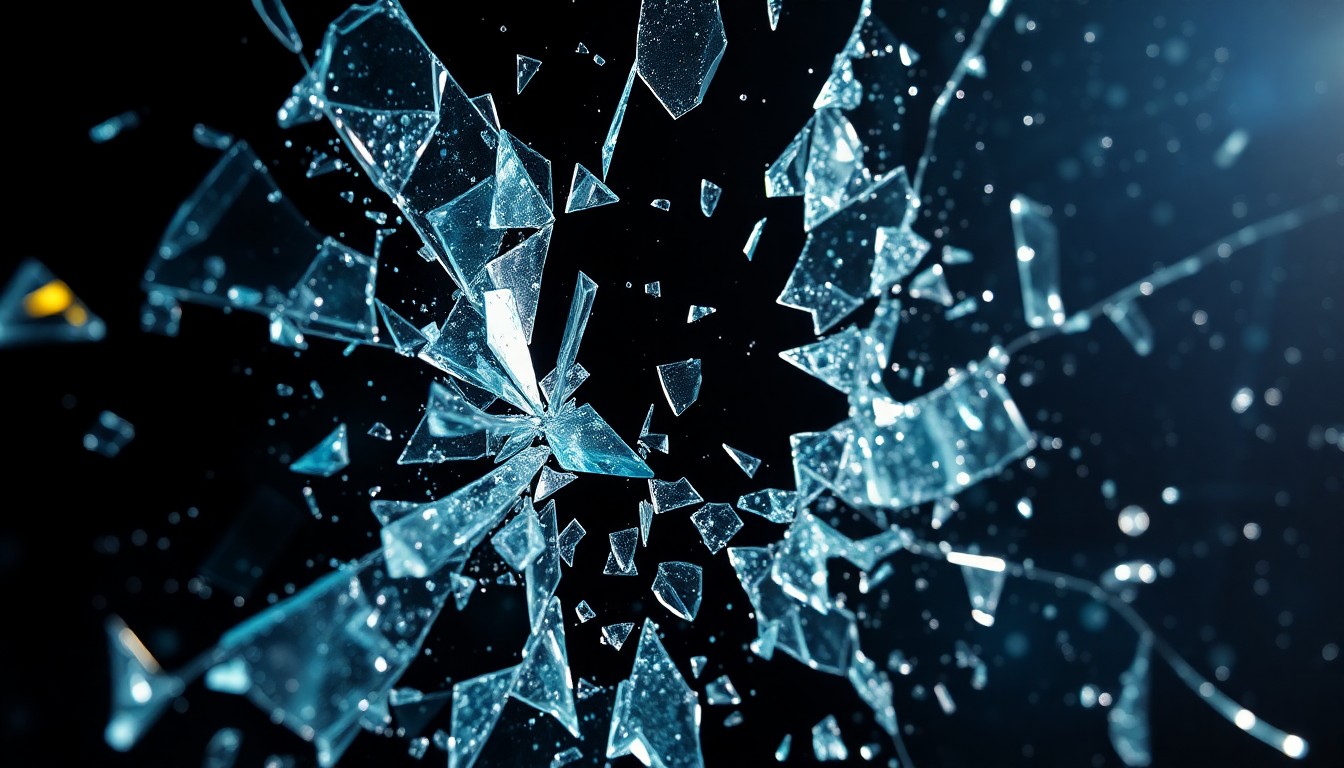 An abstract close-up image featuring shattered glass and glittering shards, captured in dramatic, high-contrast studio lighting to evoke the unsettling themes of the 'Faces of Death' remake.
