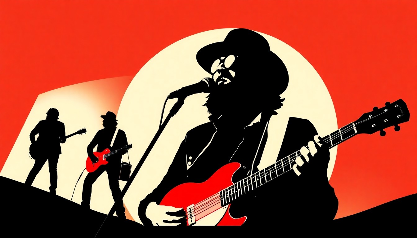 An abstract, minimalist illustration in the style of Saul Bass, featuring a bold, jagged silhouette of a guitar and a striking red and white color palette, conceptually representing the iconic figure of 'Country' Joe McDonald and the spirit of the 1960s counterculture movement.