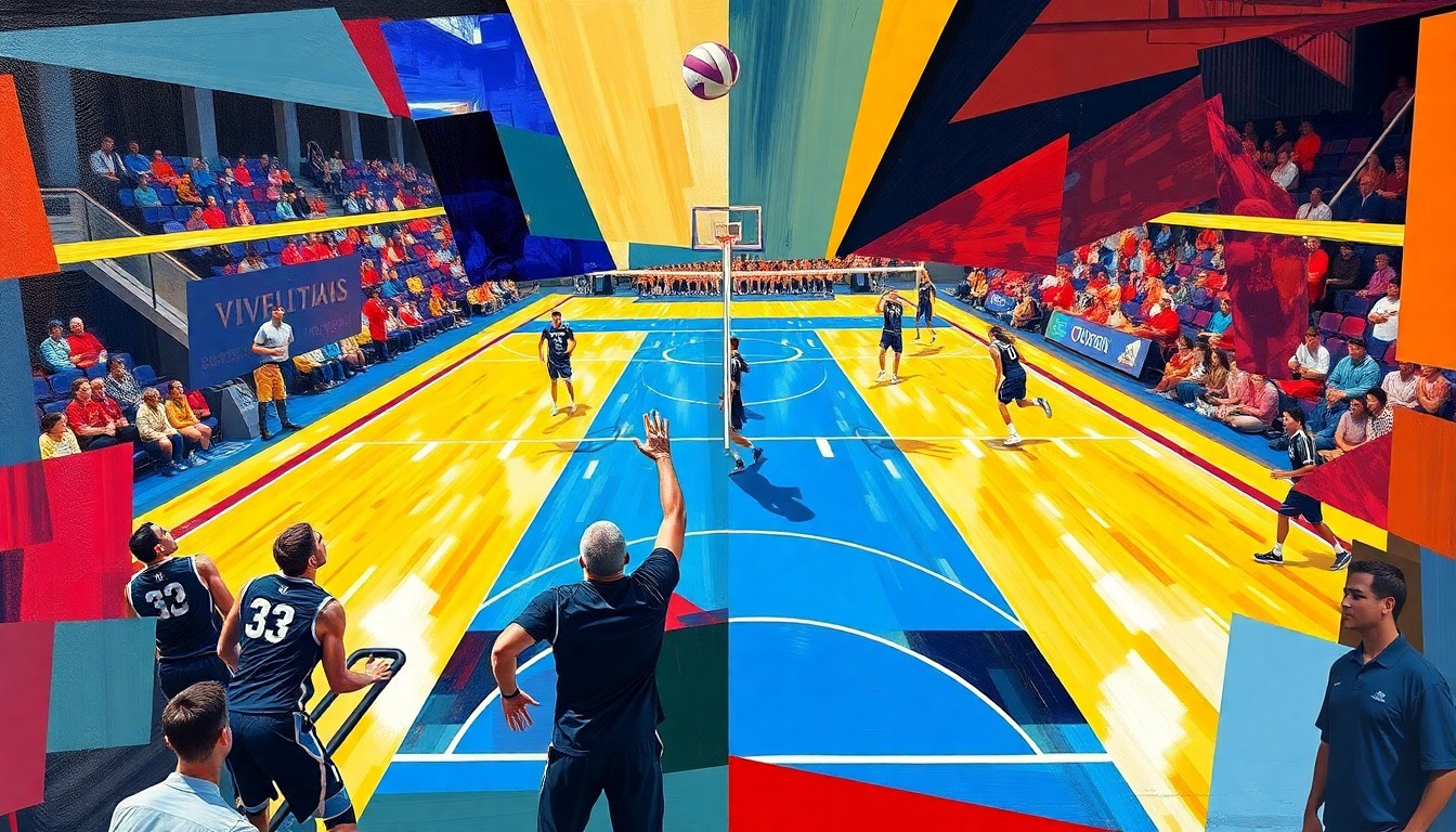 A cubist, geometric painting depicting a men's volleyball match, with overlapping planes of color representing the players, the ball, and the court action.