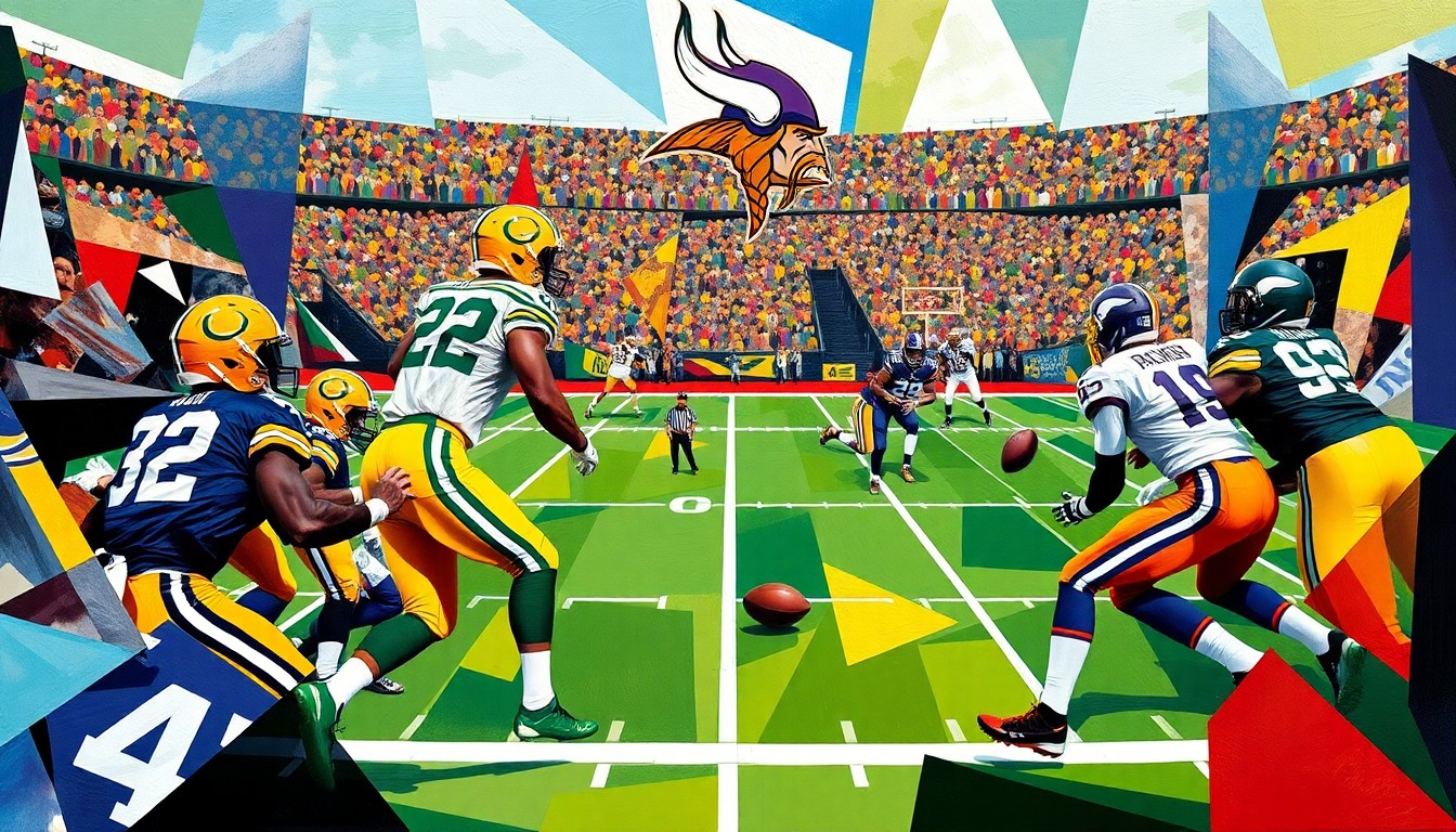 A cubist-style painting depicting a football game between the Green Bay Packers and Minnesota Vikings, with the players and field abstracted into sharp, overlapping geometric shapes in a variety of vibrant colors.