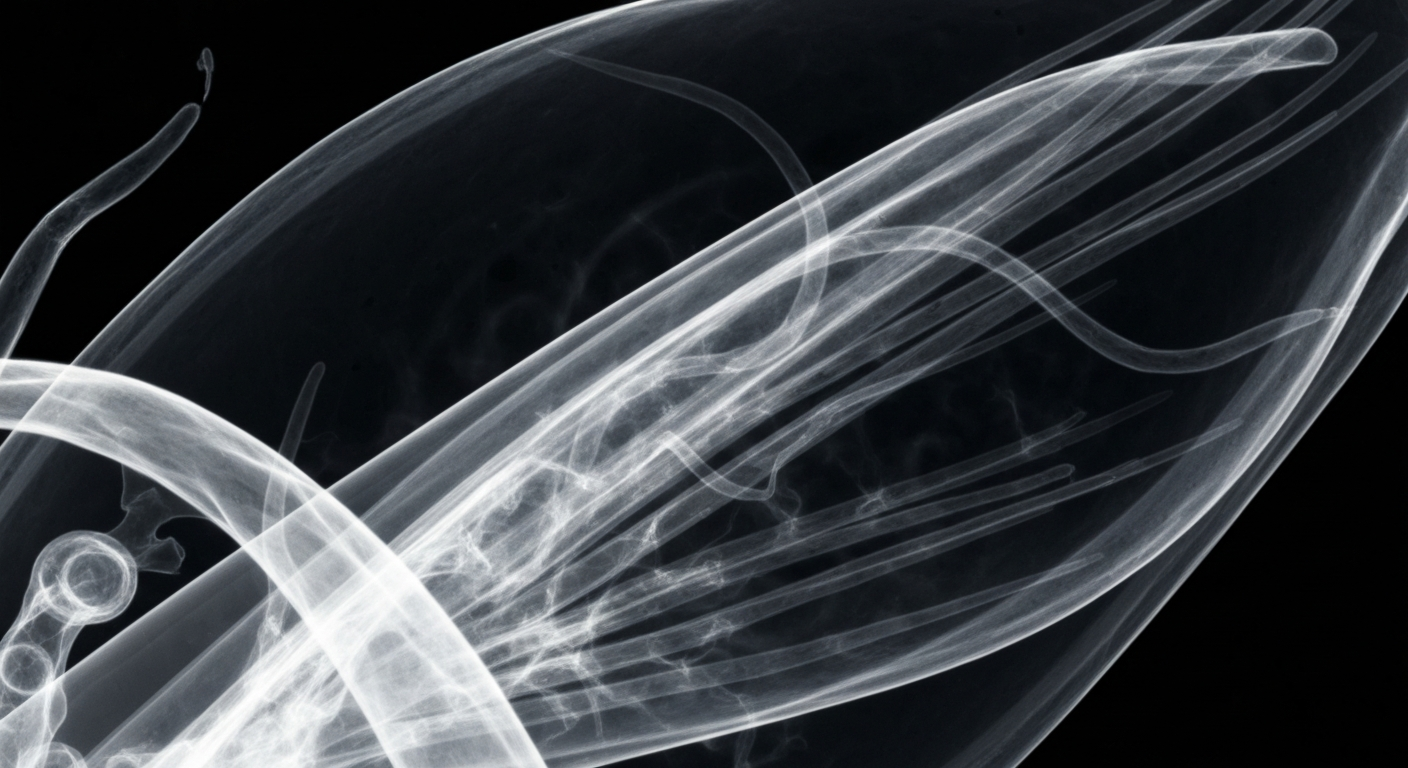 An extreme close-up X-ray photograph revealing the intricate internal structures of a malaria parasite, with ghostly, translucent lines and shapes against a dark background, conceptually illustrating the complexity of the immune response and the biological mechanisms underlying the disease.