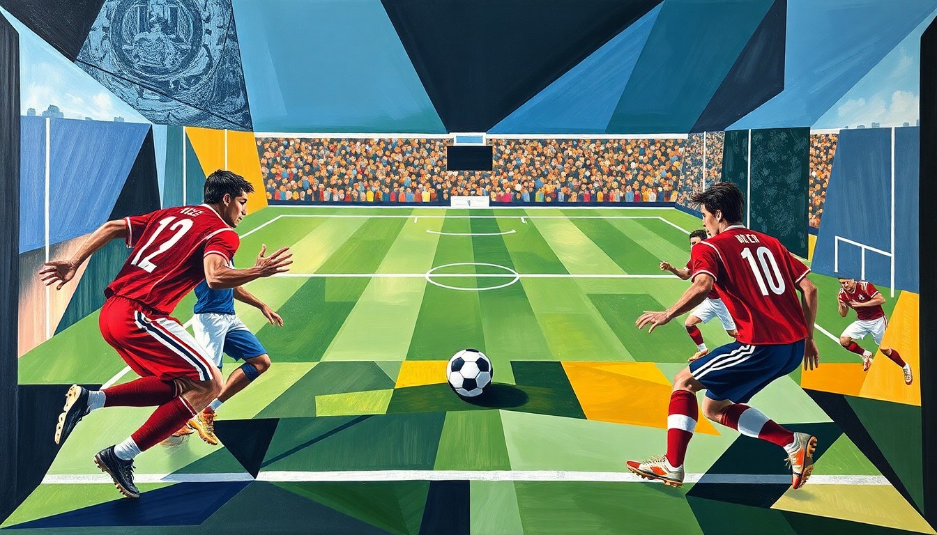 A cubist-style painting depicting a football game, with the players and field broken down into sharp, overlapping geometric shapes and planes, with the ball as the central focus.
