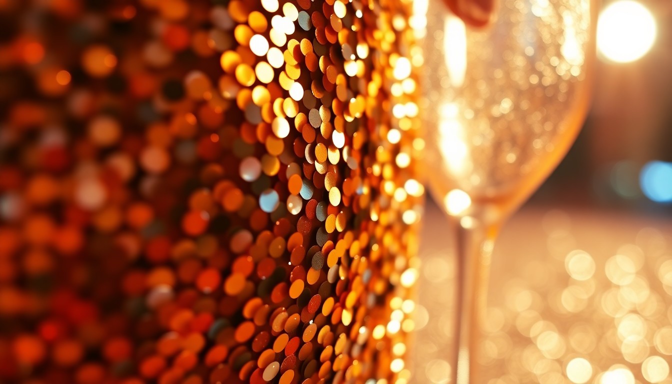 An abstract close-up image featuring a dazzling array of shimmering sequins and glittering disco glass, creating a visually striking and glamorous composition that evokes the energy and style of a romantic comedy film premiere.