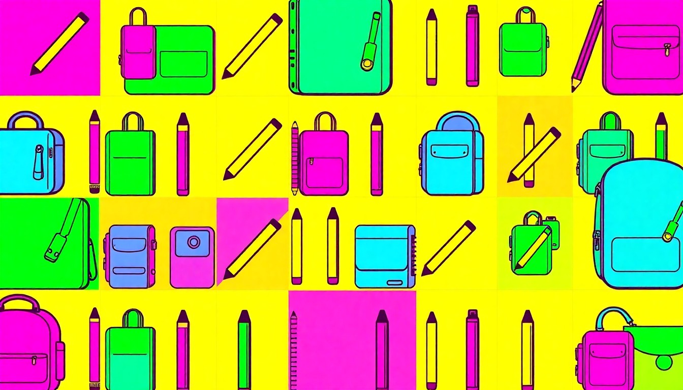 A brightly colored, high-contrast silkscreen print of a single, iconic school supply item such as a pencil, notebook, or backpack, repeated in a tight grid pattern in the style of Andy Warhol, conceptually representing the challenges facing public education in the Twin Falls community.