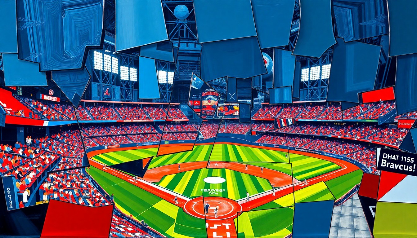 A cubist, geometric painting depicting a baseball game or match, with sharp, overlapping planes of navy blue, red, and white, capturing the strategic complexities of the new umpiring technology and the impact of key players.