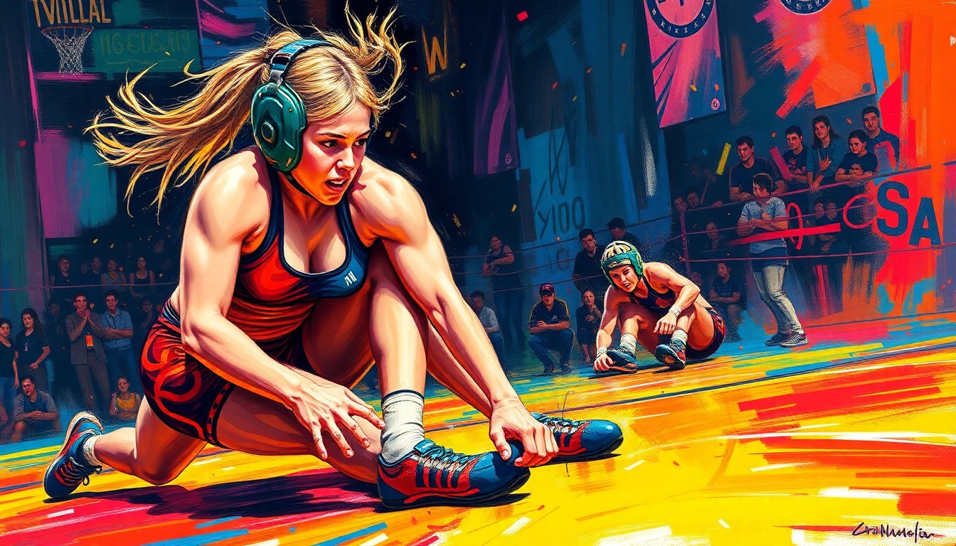 A dynamic, colorful painting with rapid brushstrokes in neon shades of blue, green, and pink, depicting the intense physical movements and competitive spirit of young female wrestlers engaged in a match on the mat.