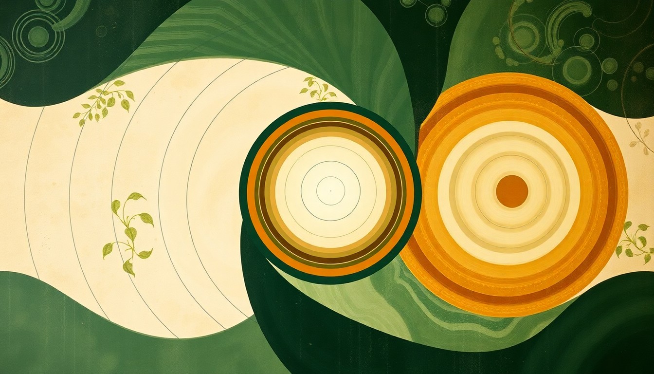 An abstract, highly structured painting in muted earth tones, featuring sweeping geometric shapes, concentric circles, and precise botanical spirals, representing the complex interplay of invasive plant species and their impact on India's natural habitats.