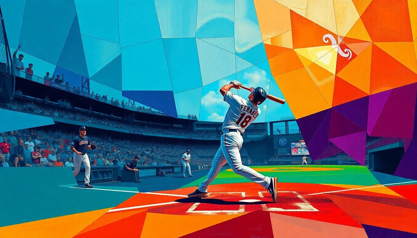 A fractured, geometric painting in vibrant teal, purple, and copper hues depicting a baseball player in mid-swing, the action broken down into overlapping planes and perspectives to capture the dynamic energy of the moment.
