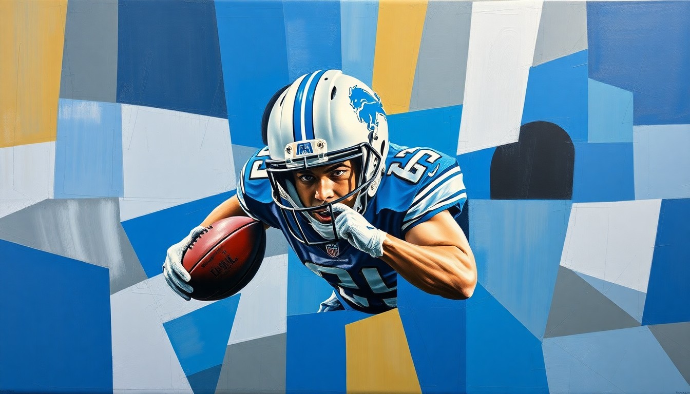 A fragmented, geometric painting depicting a football player in motion, with sharp planes of Honolulu Blue and Silver colors representing the Detroit Lions' colors, conveying the emotional turmoil of a player's departure from a beloved team.