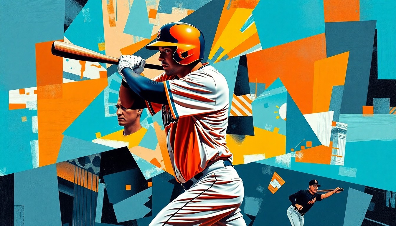 A fragmented, geometric painting depicting a baseball player swinging a bat, with sharp, overlapping planes of teal, orange, and black colors representing the Miami Marlins' team palette.