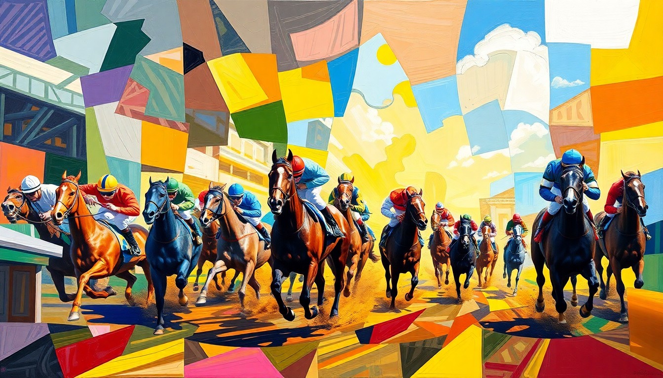 A fractured, multi-perspective painting in vibrant colors, depicting a horse race broken down into sharp, overlapping geometric planes, conveying the strategic planning and high-stakes competition of the Grand National.