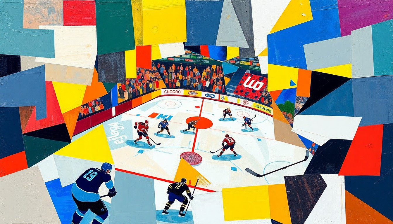 A cubist, geometric painting depicting a hockey game in progress, with sharp, overlapping planes of color representing the players and action on the ice.