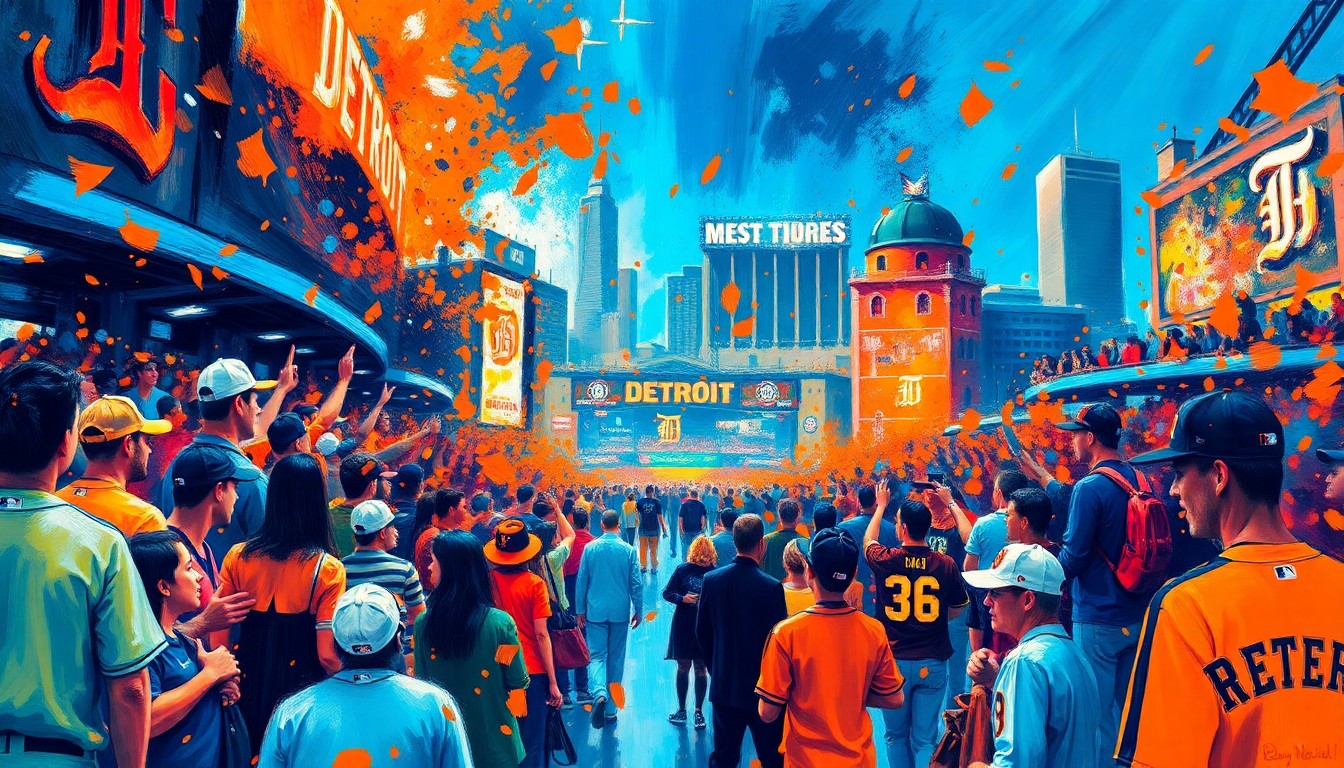 An abstract, expressionist painting in vibrant neon colors, capturing the dynamic energy and excitement of a Tigers Opening Day celebration in Detroit, with fans, mascots, and the city's iconic architecture blending into a colorful, energetic scene.