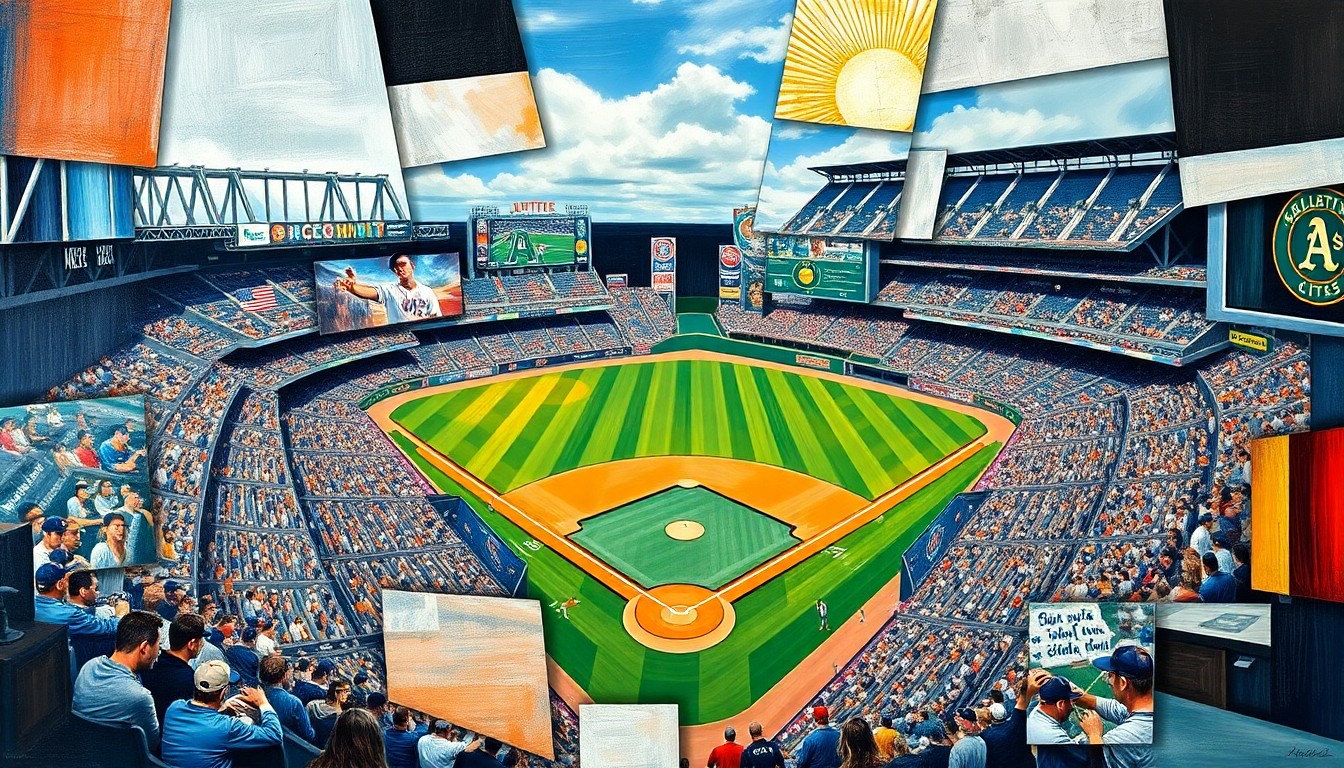 A fragmented, geometric painting depicting a baseball game between the Mets and Athletics, with the players and field broken down into sharp, overlapping shapes and planes, conveying the complex emotions of a homecoming for a former star player.