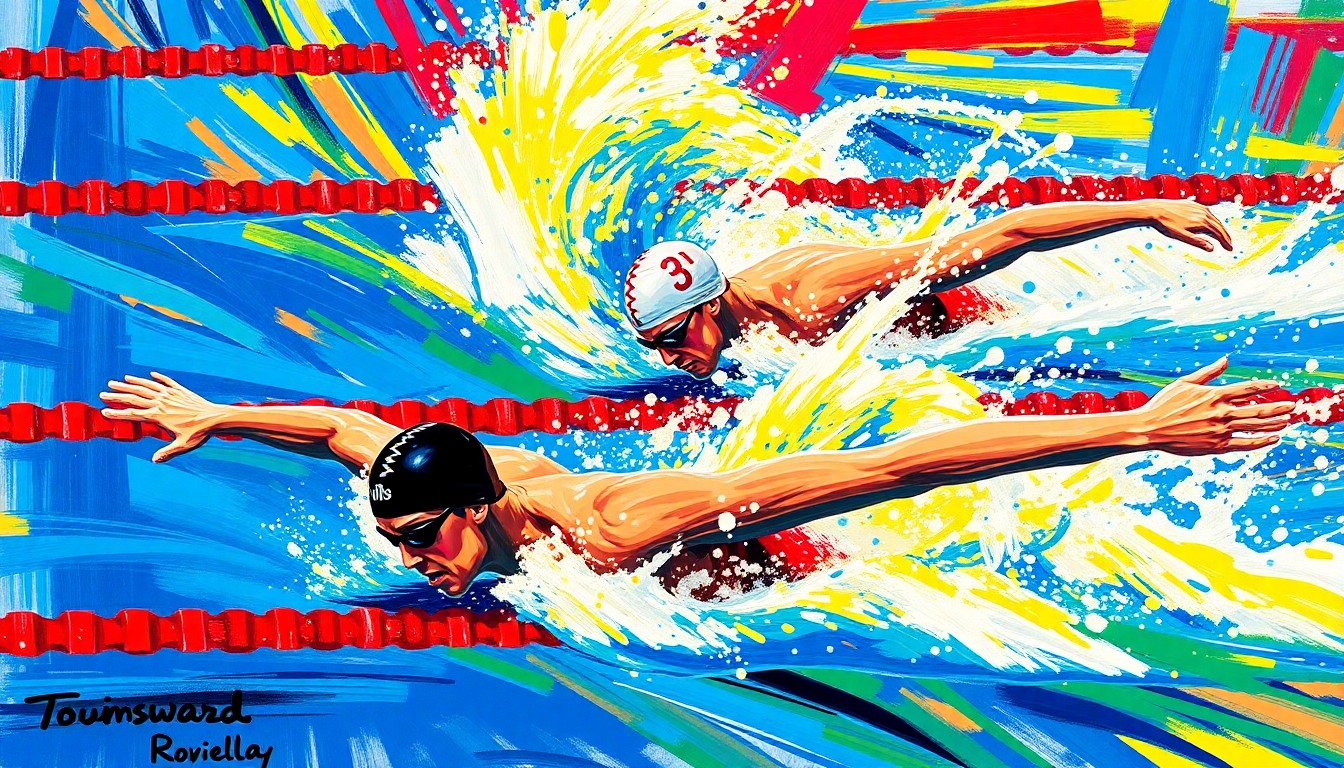 An abstract, energetic painting with vibrant neon brushstrokes in shades of blue, green, and pink, capturing the dynamic motion and power of swimmers racing in a freestyle event.