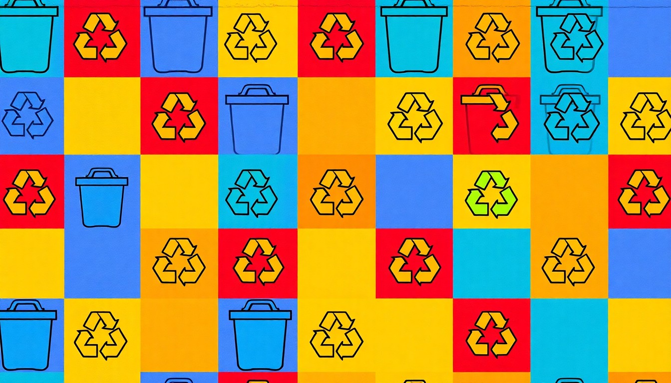 A high-contrast, silkscreen-style illustration of a repeating icon of a recycling bin in bright, neon colors, conceptually representing the importance of proper waste sorting in the local community.