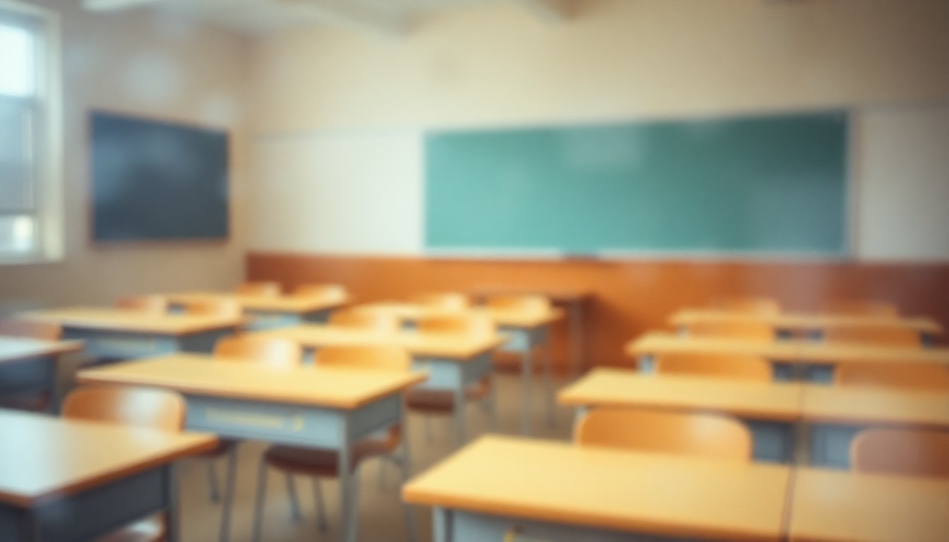 An abstract, out-of-focus photograph showing the blurred outlines of desks and chairs in an empty classroom, conveying a sense of uncertainty and longing for a return to in-person learning.