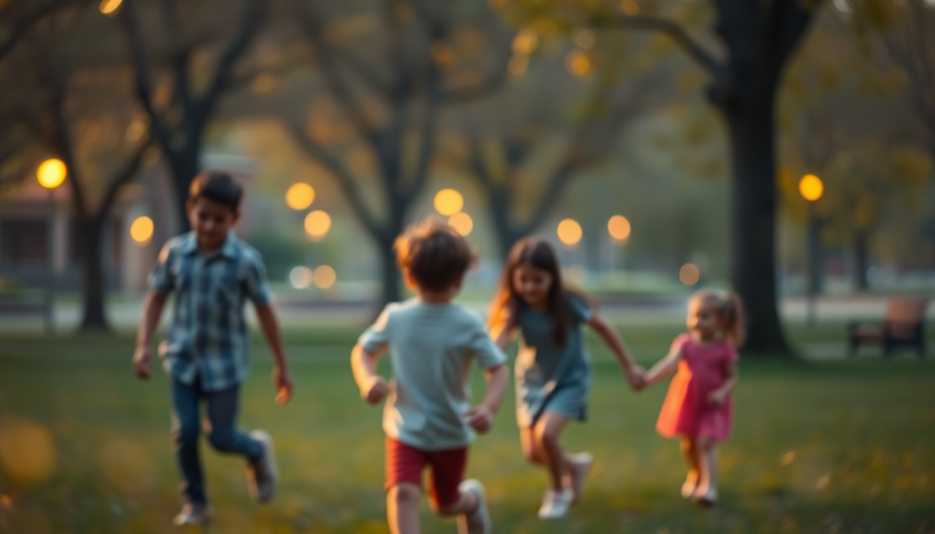An extremely abstracted, out-of-focus photograph of a family playing in a park, with soft, warm pools of light and color creating a dreamlike, intimate atmosphere that captures the emotional impact of declining birth rates on local communities.