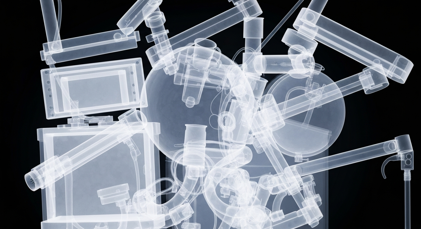 A ghostly, translucent X-ray photograph showing the intricate internal structures of medical equipment and tools, representing the complex challenges faced by healthcare professionals.