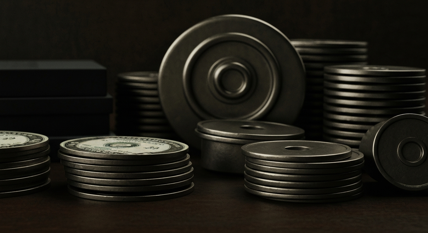 A close-up, cinematic image of heavy, industrial banking machinery and objects, captured in a high-contrast, black-and-white style that evokes a sense of the underlying financial systems and institutions that drive the cryptocurrency market.