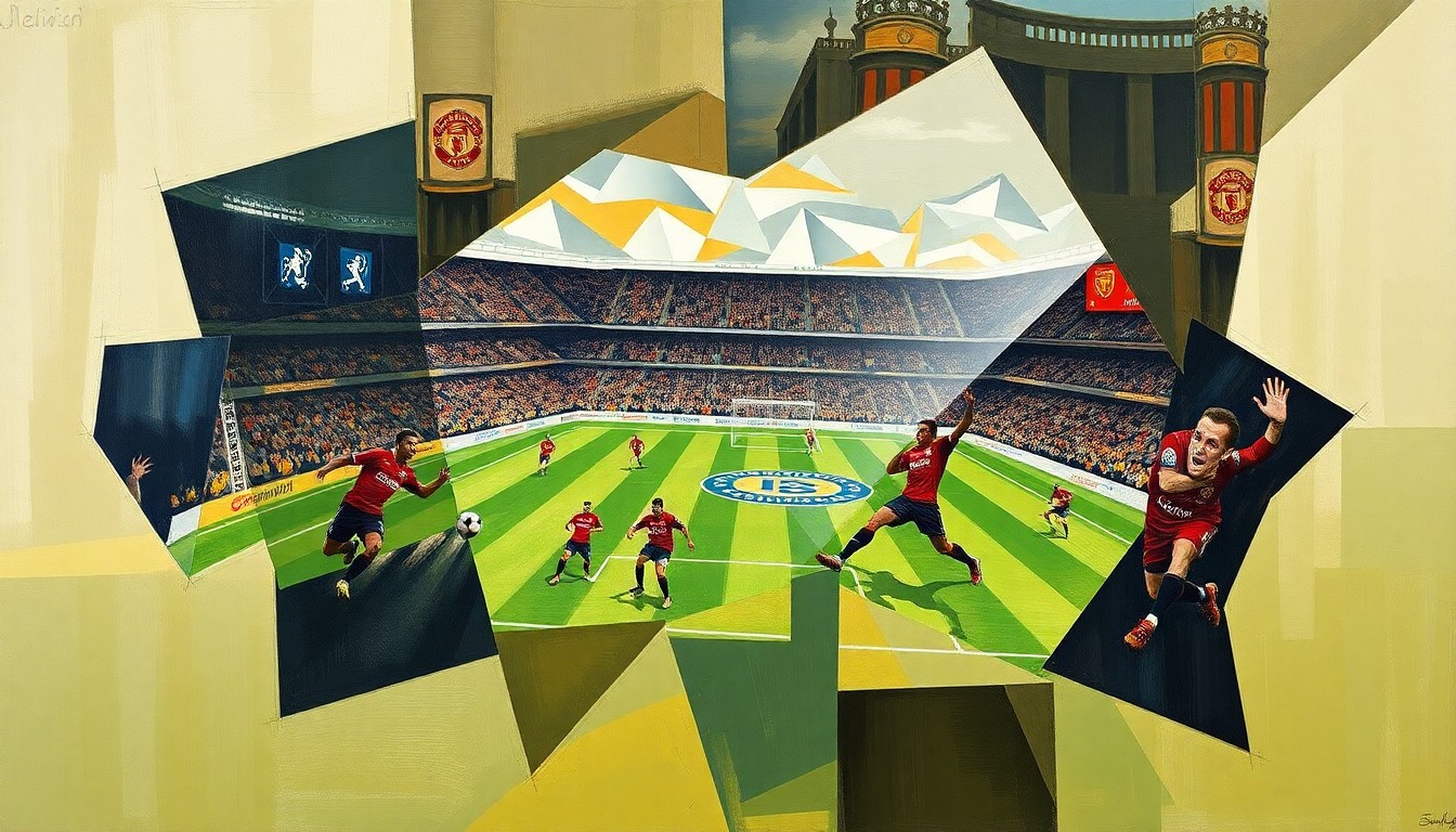A fragmented, cubist-style painting depicting a Manchester United football match, with players and the field broken down into sharp, intersecting geometric shapes and planes, conveying the complex and uncertain nature of the club's transfer strategy.