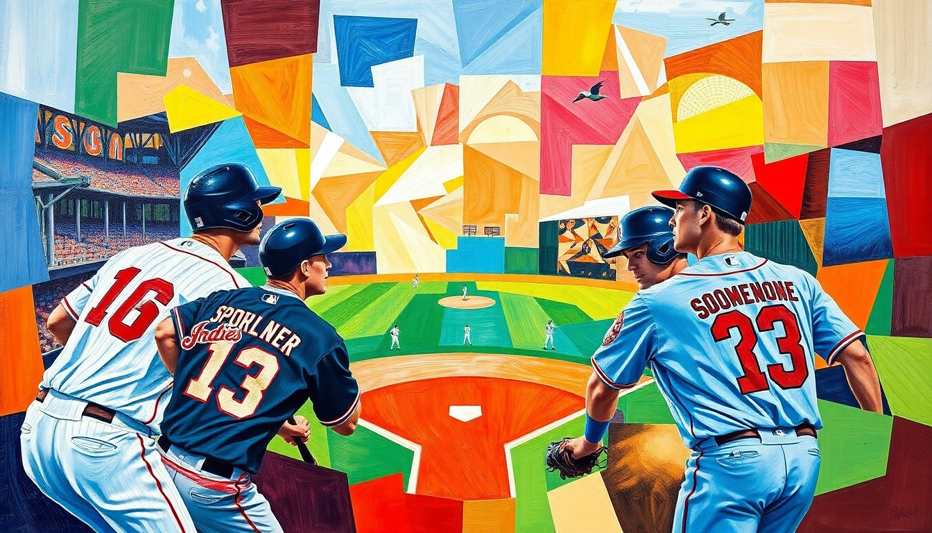A fractured, geometric painting in bold colors representing the competitive baseball game between the Spokane Indians and Hillsboro Hops, with players' forms broken down into abstract shapes and planes.