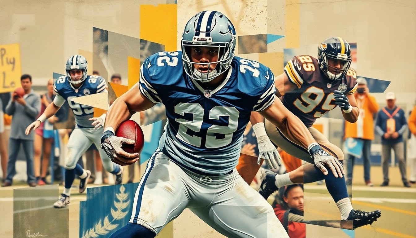 A cubist, geometric painting depicting a football player in coverage, with sharp, overlapping planes of color and form conveying the strategic shift in his role.