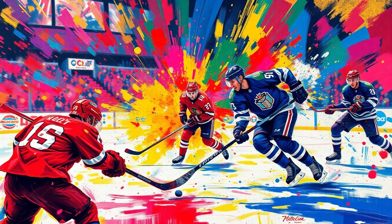 An abstract, expressionist painting in neon colors depicting the intense action and movement of a professional hockey game, with players' forms breaking down into vibrant brushstrokes and splatters of paint.